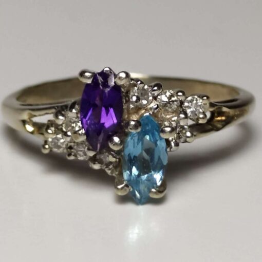 Blue Topaz, Amethyst, & Diamond Ring