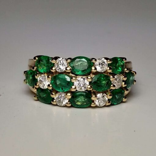 Emerald & Diamond Triple-Row Gold Ring