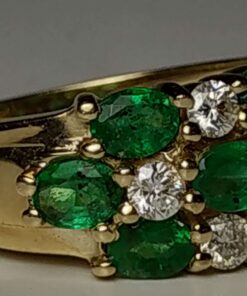 Emerald & Diamond Triple-Row Gold Ring close up