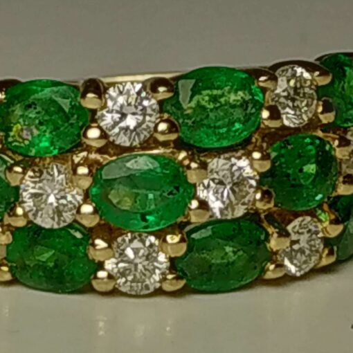 Emerald & Diamond Triple-Row Gold Ring closeup