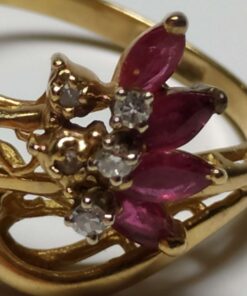 Filigree Ruby & Diamond Gold Ring close up