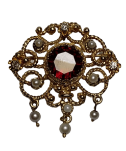Garnet, Diamond, & Pearl Gold Pendant / Brooch outline