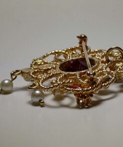 Garnet, Diamond, & Pearl Gold Pendant / Brooch side view