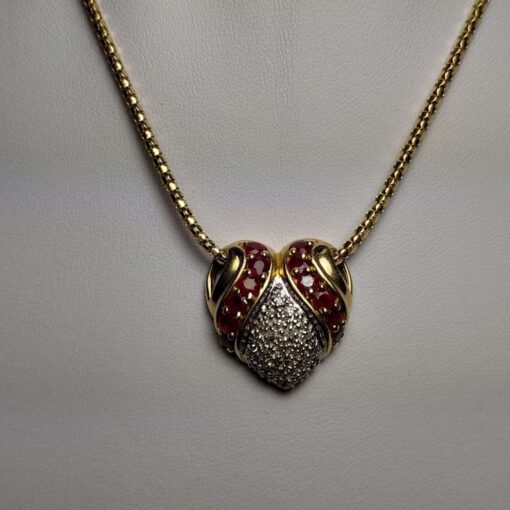 Heavy Ruby & Diamond Gold Heart Necklace Front View