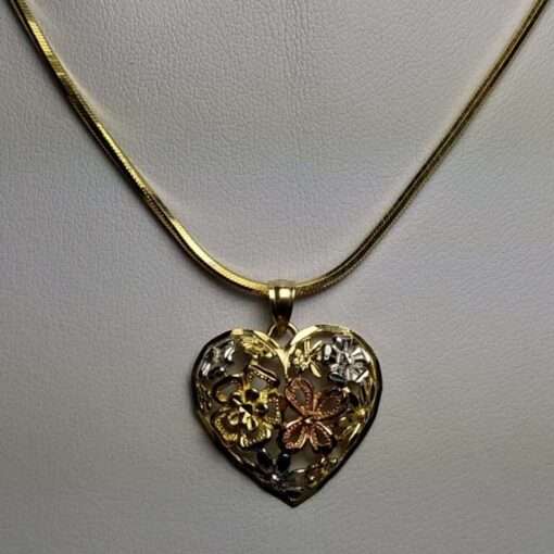 Tri-Color Gold Heart Necklace with Snake Chain