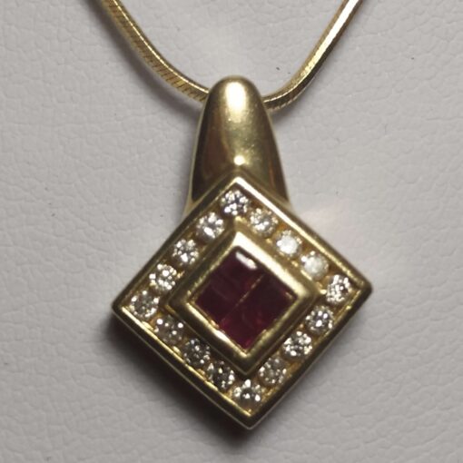 Ruby & Diamond Halo Necklace closeup