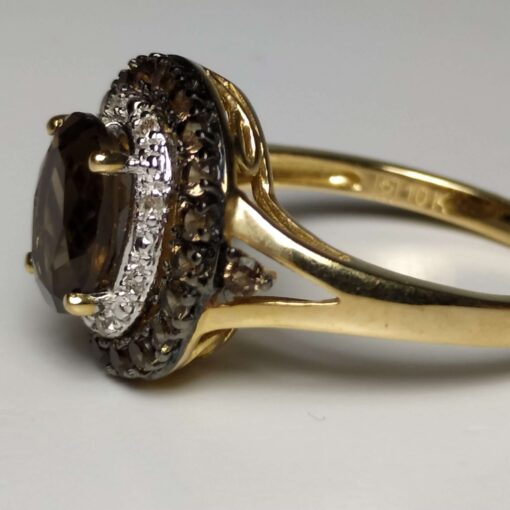 Smoky Quartz & Diamond Halo Gold Ring close up