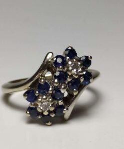 Sapphire and Diamond Double Flower Cluster Ring uncut