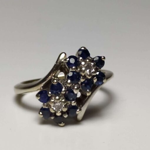 Sapphire and Diamond Double Flower Cluster Ring uncut
