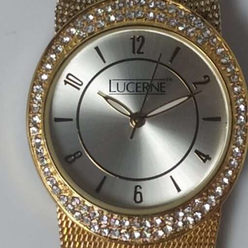 Lucerne Gold Tone Mesh Band Watch With Crystals face view