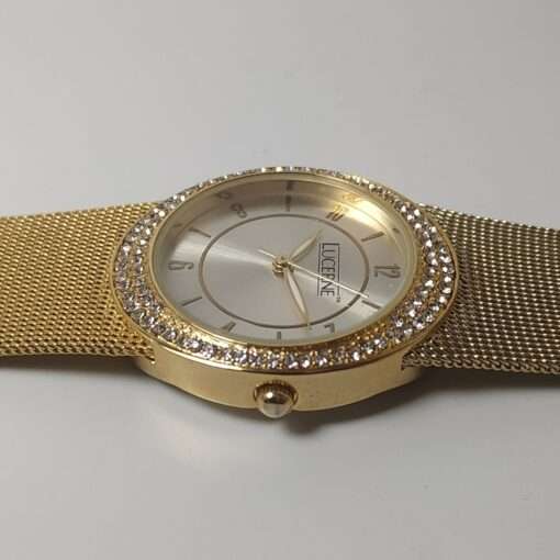 Lucerne Gold Tone Mesh Band Watch With Crystals bezel