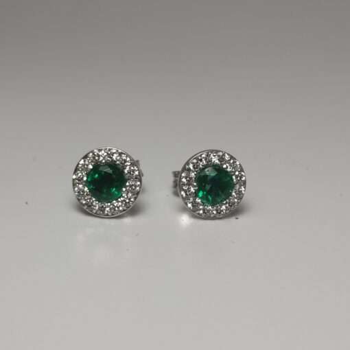 Emerald and Diamond Halo Stud White gold Earrings far view