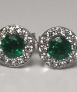 Emerald and Diamond Halo Stud White gold Earrings close up view